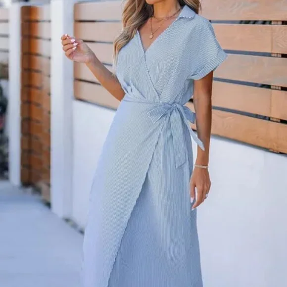 CUPSHE Women's Blue Pin Stripe Collared Wrap Midi Beach Dress, Medium - Picture 1 of 6